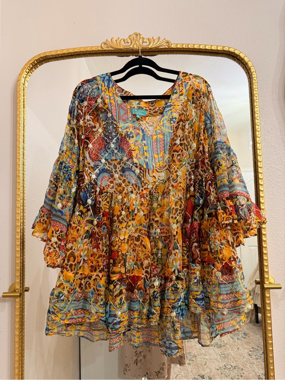 Boho Multicolor Ruffled Tunic - Vibrant Patchwork Print